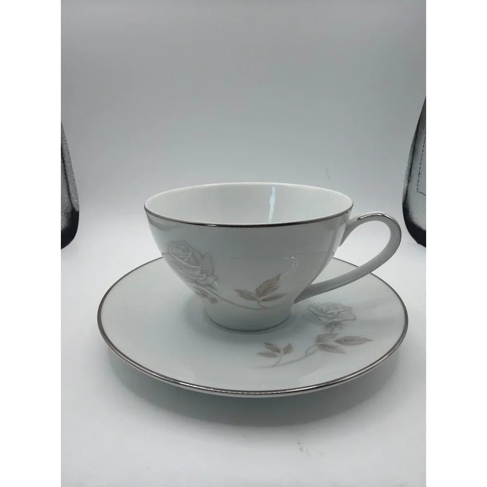 4 Vintage Noritake ROSAY - 1 Cup and 1 Saucer #6216 White and Gray Roses
